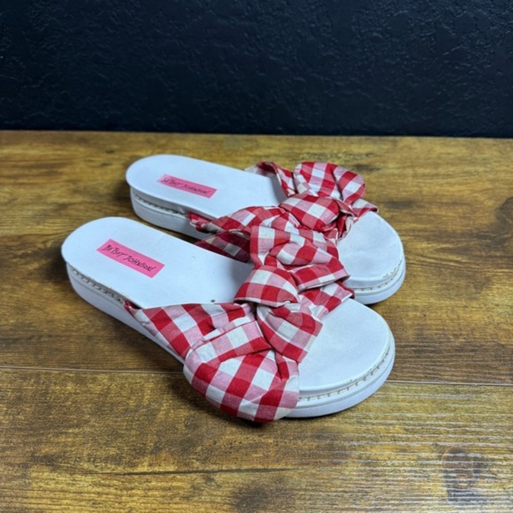 Betsey Johnson Gingham Bow Red White Platform Slide Sandals Womens Size 6